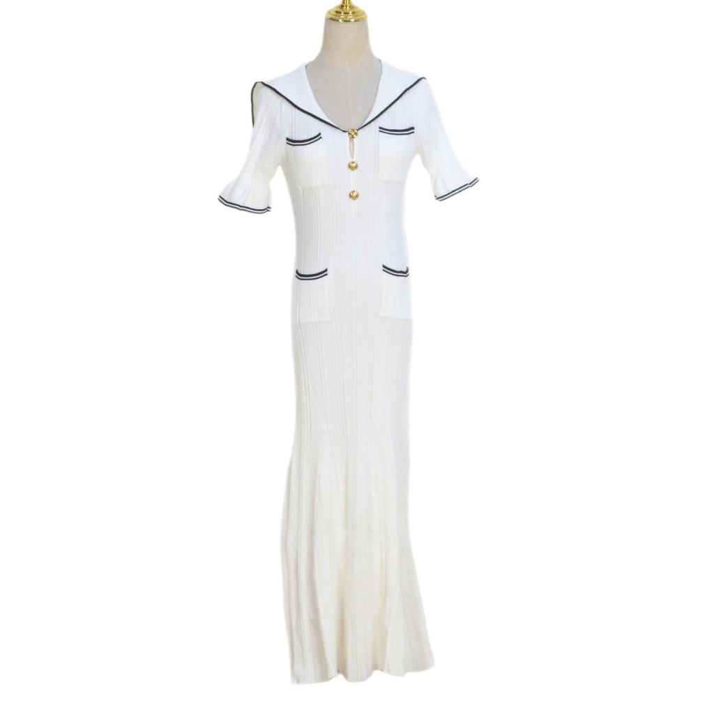 2025 Spring/Fall Gold Button Slim Knit Fishtail Dress: French Style Evening Wear for Women