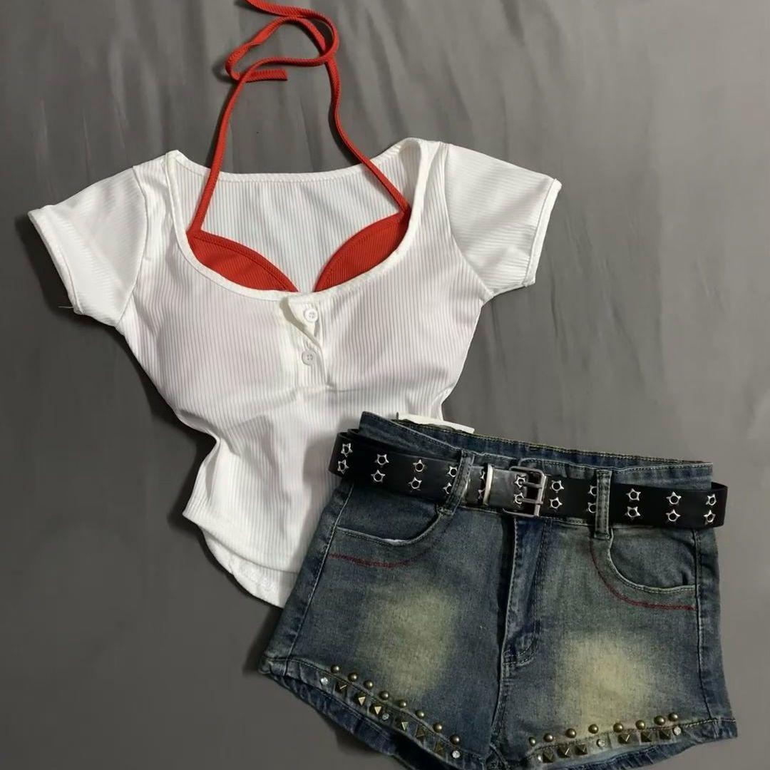 

Women s Chic Curved Hem Short Sleeve T-Shirt Set - Flattering Layered Summer Design S
