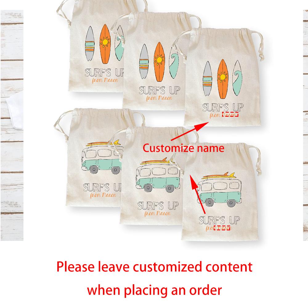 

Custom 6Pcs Surf s Up Favor Bag Van Boards Surf Birthday Theme Decoration Beach Bachelorette Party Drawstring Bag Baby Shower 6pcs 10x15cm