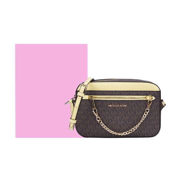Michael Kors MK Jet Set Monogram Logo Chain PVC And Leather Shoulder Bag Women shoulder bag Yellow Acorn-Brown 35S1GTTC9B-BUTTE