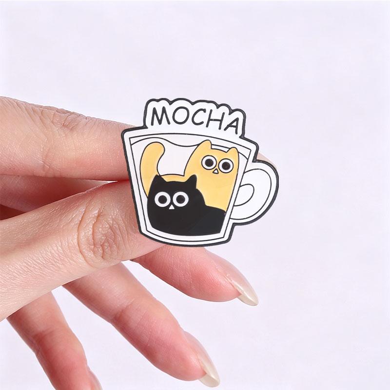 Cute Coffee Cup Cat Enamel Pins Funny Americano Latte Mocha Cappuccino Cartoon Black Kitten Brooches Lapel Badge Jewelry Gifts
