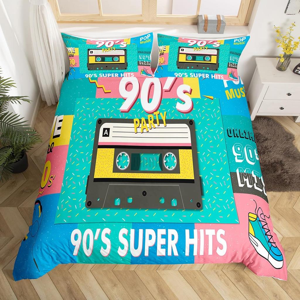 Cassette Tape Duvet Cover Twin Queen Vintage 80S 90S Memphis Comforter Cover Geometric Checkered Triangle Lightning Bedding Set