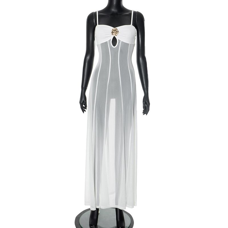 

G25ds049 European and American Women s Clothing Adjustable Shoulder Strap Front Chest Florals Metal Decoration Long Dress White M