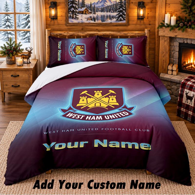 West Ham United FC Pattern Bedding 3Pcs Set Custom Name, Bed Sheet And Pillowcases For Home Bedroom