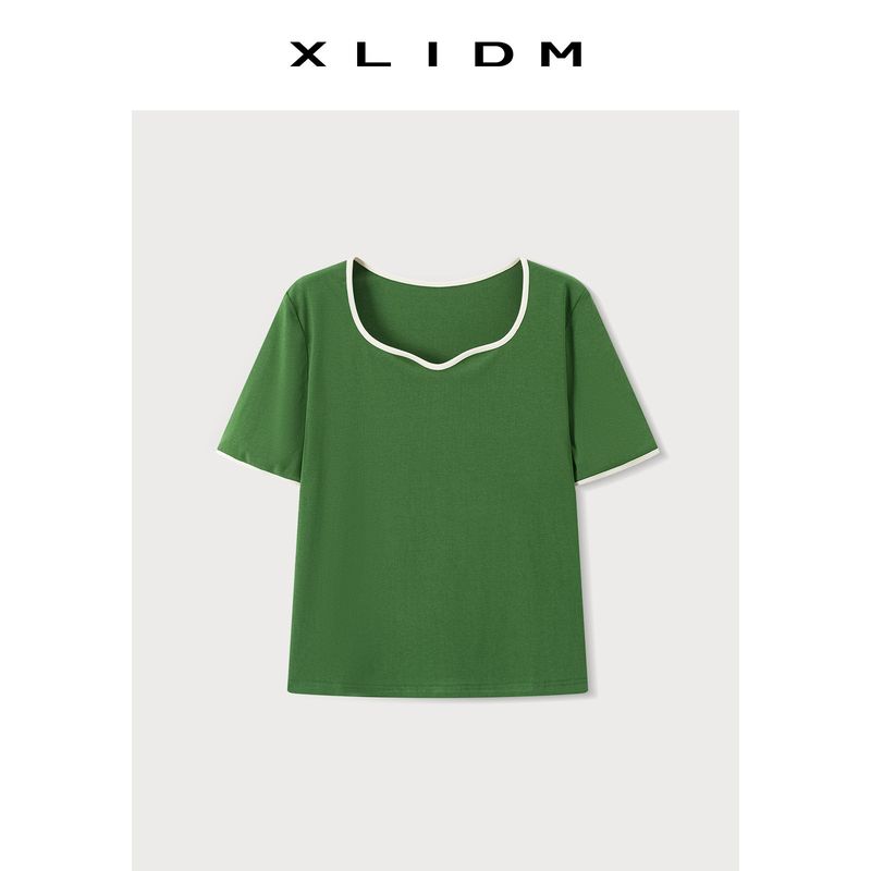 Stylish V Neck Shoulder Stretch Plus Size Ladies Short Sleeve Tops Retro Green (Pre-Sale) 2XL