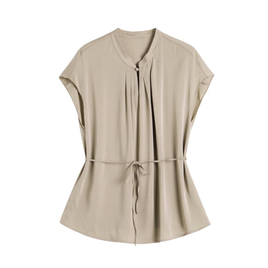 Medium stand-up collar silk shirt women's short-sleeved summer new mulberry silk lace-up pleated fashion top