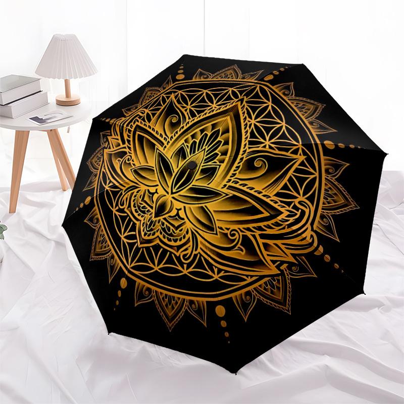1pc Lotus Mandala Automatic Folding Umbrella - Design, Durable Iron Frame for Travel, Outdoor, Beach Fashion Accessory a0920047