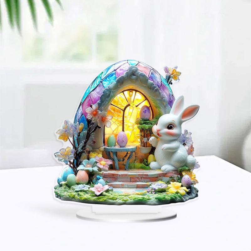 Standing Rabbit Figurines Home Decoration Acrylic Bunnies Statues Sculpture with Easters Eggs for Office Room Decors