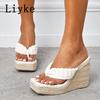 Fashion Liyke White Women Cane Straw Weave Thick Platform Slipper Summer Open Toe Pinch Narrow Band Wedge High Heels Sandals Female Shoe