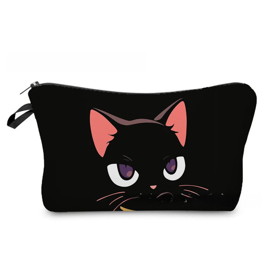 Women Black Cat Print Cosmetic Bag Toiletries Organize Travel Storage Case 6964 KTB