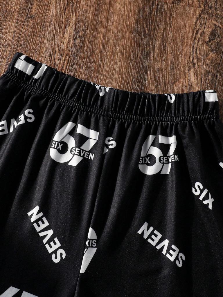 Two-piece Boys' Outdoor Sports Set with Six Seven Letter Print Crew Neck Drop Shoulder Short-sleeved Shirt and Shorts, Spring/summer Style.