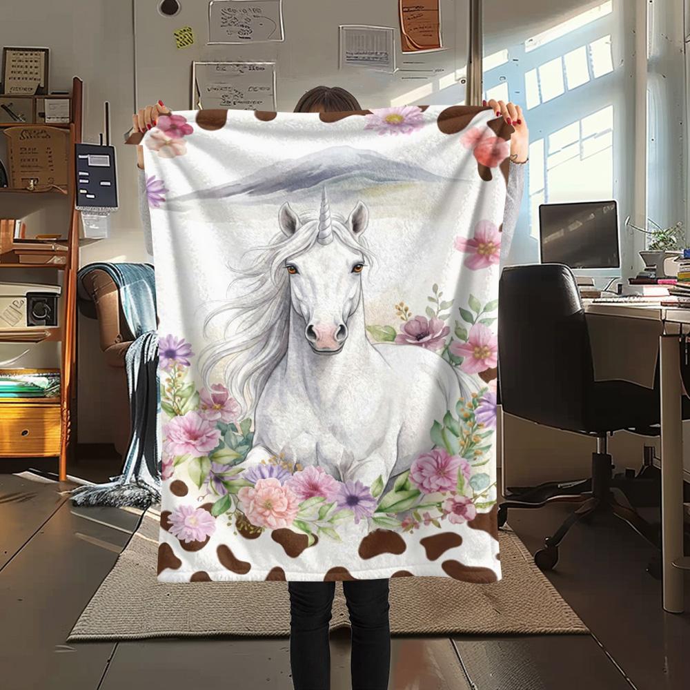 1PC Floral Cow Animals Print FlAannel Blanket, High quality Comfortable for All Seasons, Home Decor, Warmth and Comfort