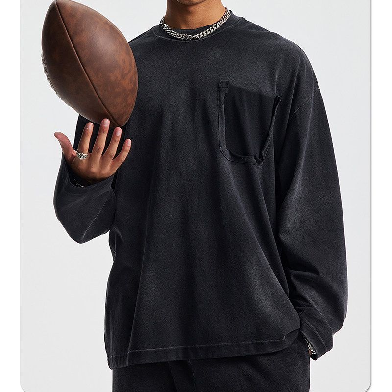 Pure Cotton Long-Sleeved Men's T-Shirt 2025 New Trendy Autumn Clothing for Teenagers Washed Round Neck Loose White Base Shirt