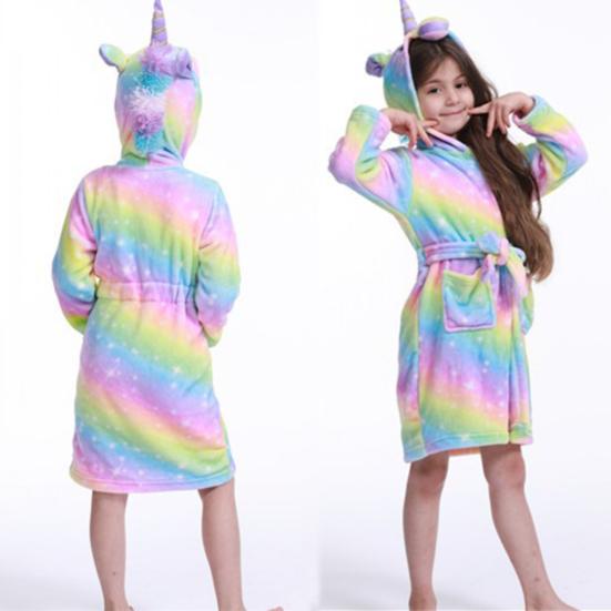Cute Kids Boys Girls Unicorn Long Sleeve Hooded Pocket Sash Bathrobe