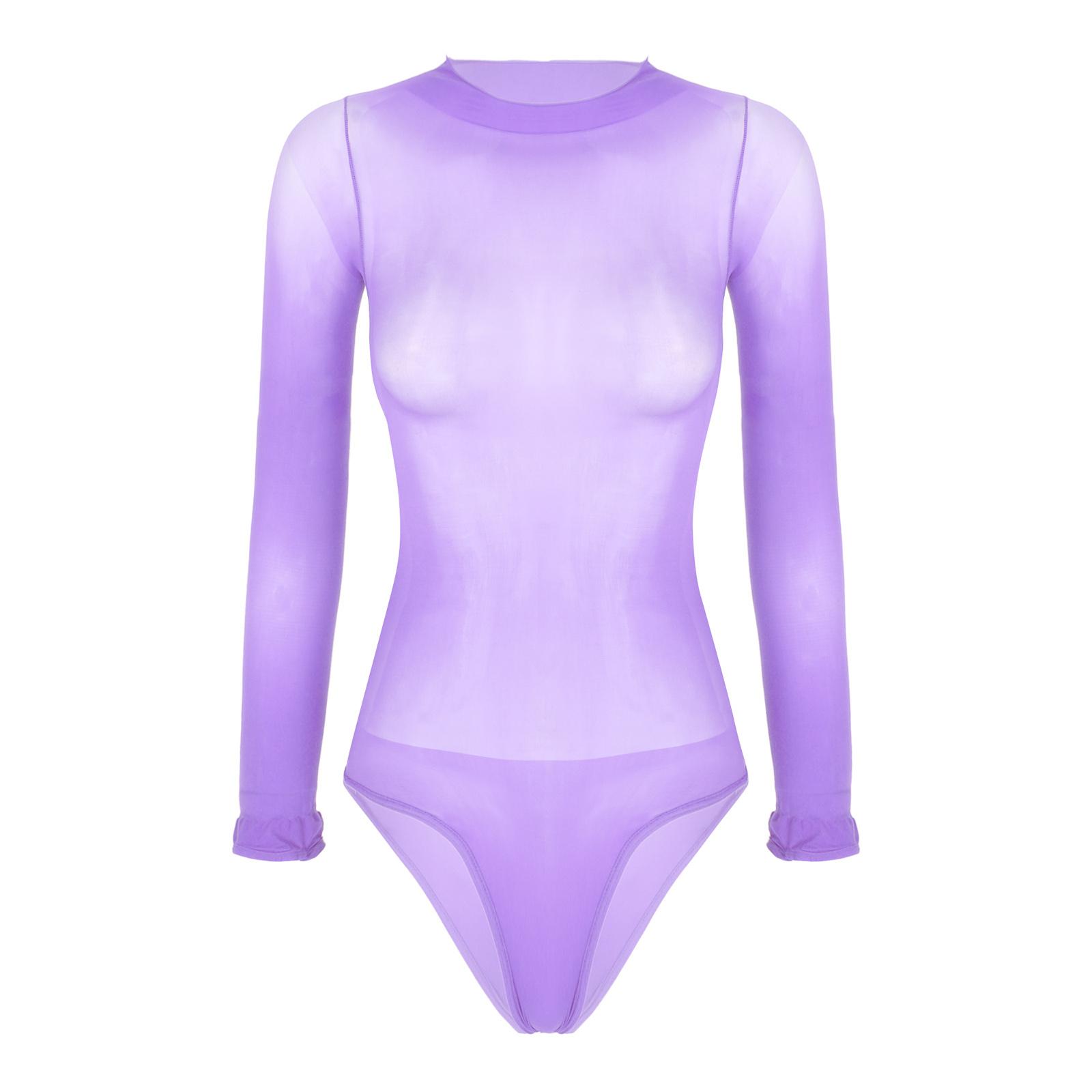 

Жіночий напівпрозорий боді з довгим рукавом, круглим вирізом, глянсовий леотар, нічний одяг, купальник One Size фіолетовий