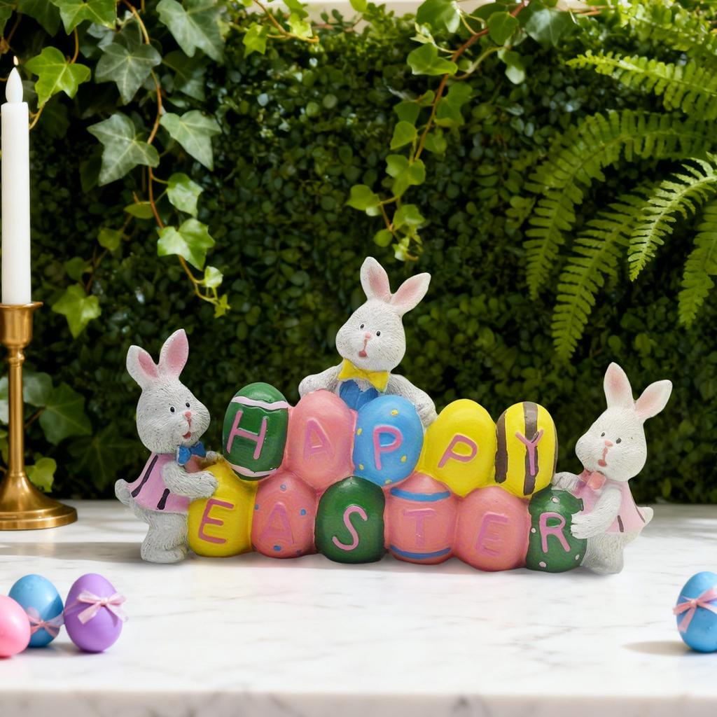 Cute Easter Bunny Holding Eggs, Made Of Resin, A Festive Decoration Suitable For Home, Parties, Or Tabletop Display.
