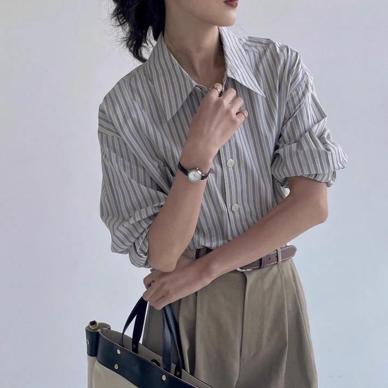 Women Gray Blue Loose Striped Long Sleeve Office Commute Shirt S
