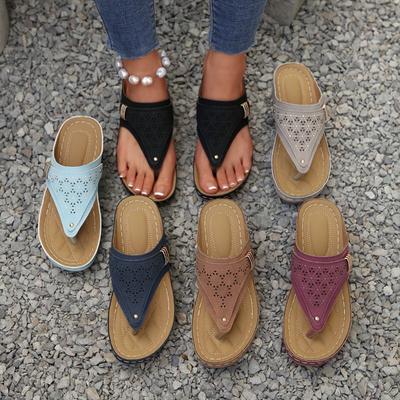 Mode Neuer Stil Beliebte Damen Leder Rutschfeste Weiche Plateau Schuhe Zehentrenner Sommer Damen Keilsandale mit Absatz Orthopädische Sandalen