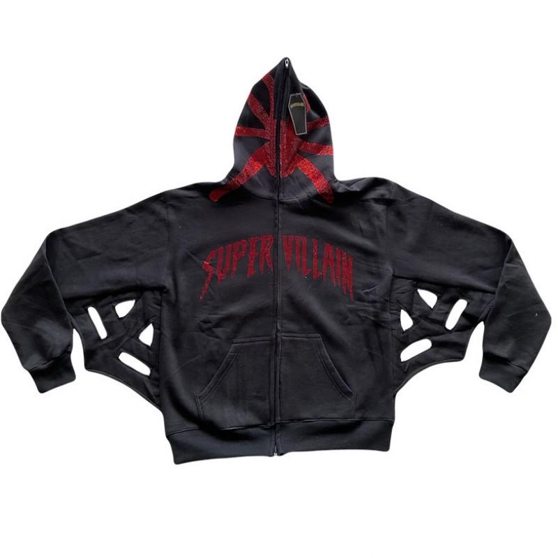 Y2K Gothic Winged Hoodie With Rhinestone Letters Full Zip Oversized Streetwear Sweatshirt Women