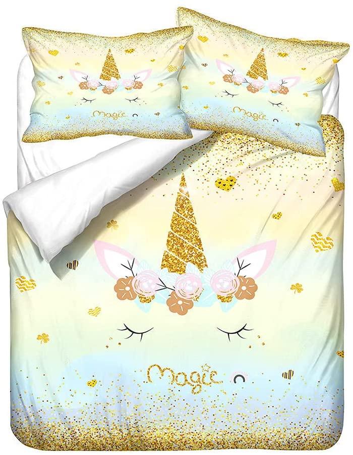 Unicorn Duvet Cover Set Cartoon Animal Galaxy Star Floral Bedding Set For Kids Girls Polyester Romantic Theme Comforter Cover