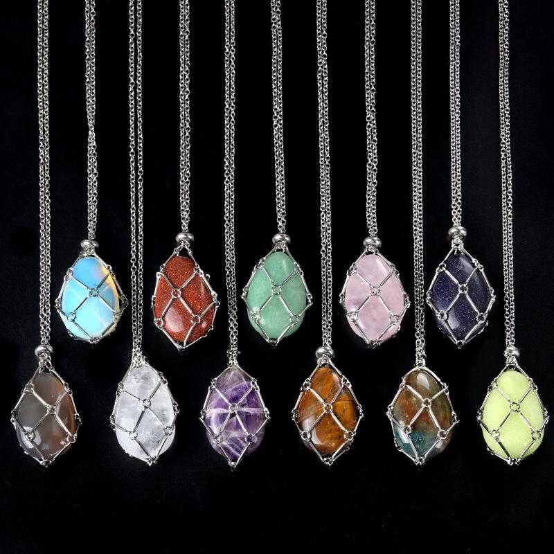 Collana con Catena Intrecciata Fatta a Mano in Acciaio Inossidabile 1720 con Ciondolo in Pietra di Agata Cristallo