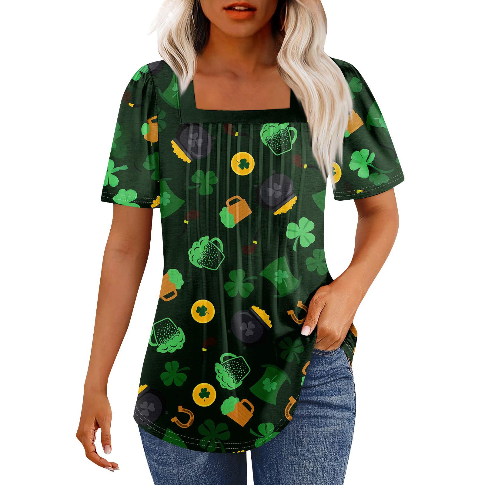 

Футболки для женщин плиссированные квадратные вырезы нарядные повседневные блузки St. Летние топы с короткими рукавами и принтом ко Дню Святого Патрика, свободный крой XXL