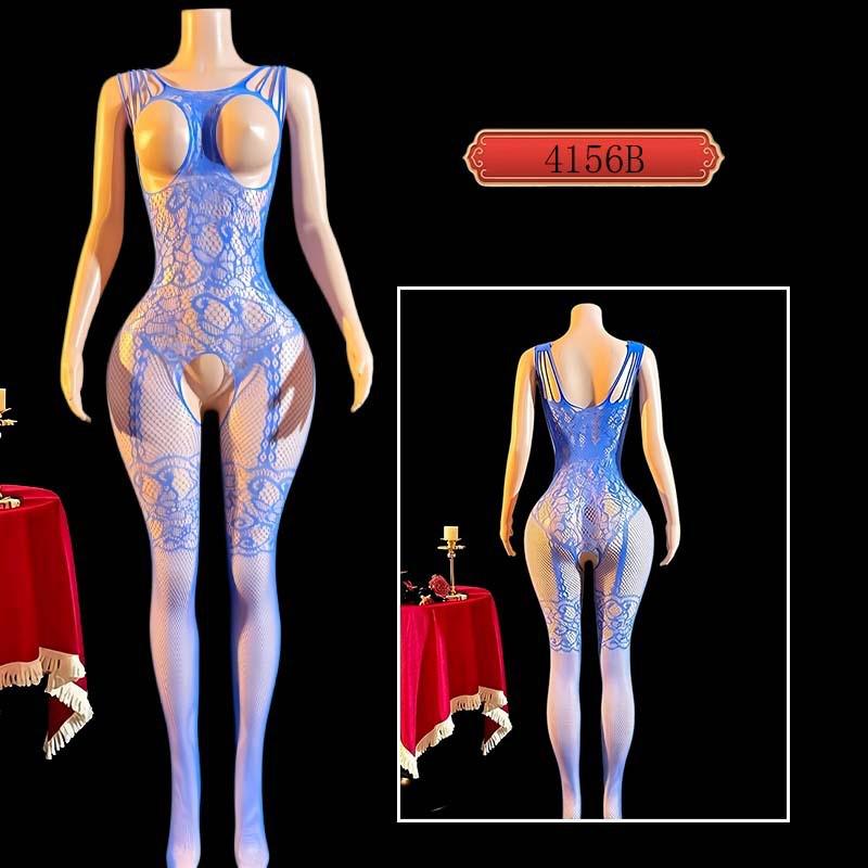 European & American Sexy Halter Bodysuit with Hollow Chest, Jacquard Net Design, & Open Crotch (Model 4156A)