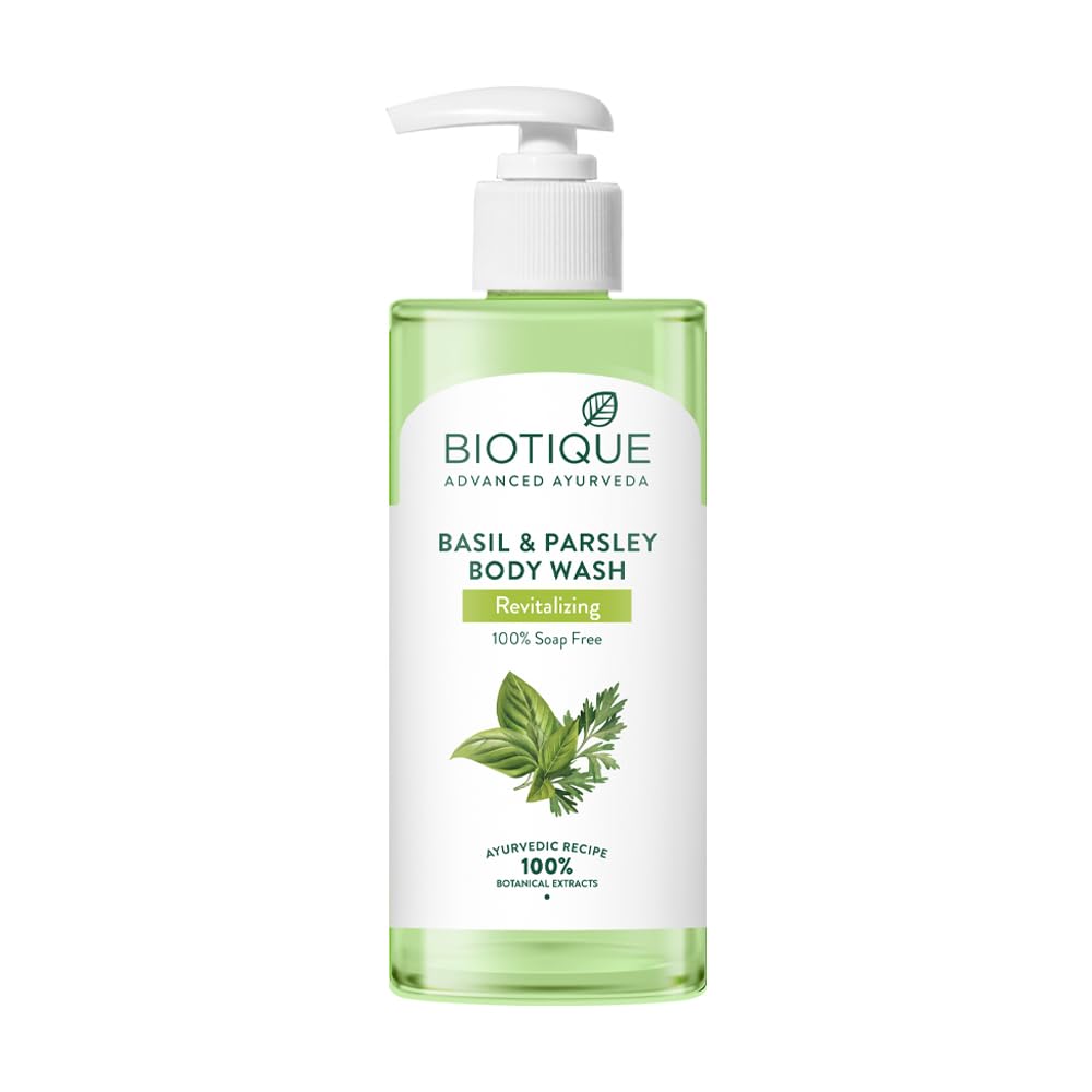 Biotique Basil & Parsley Body Wash 300ml, Revitalizing & Soothing Gel for All Skin Types, Natural Brightening Shower Cleanser