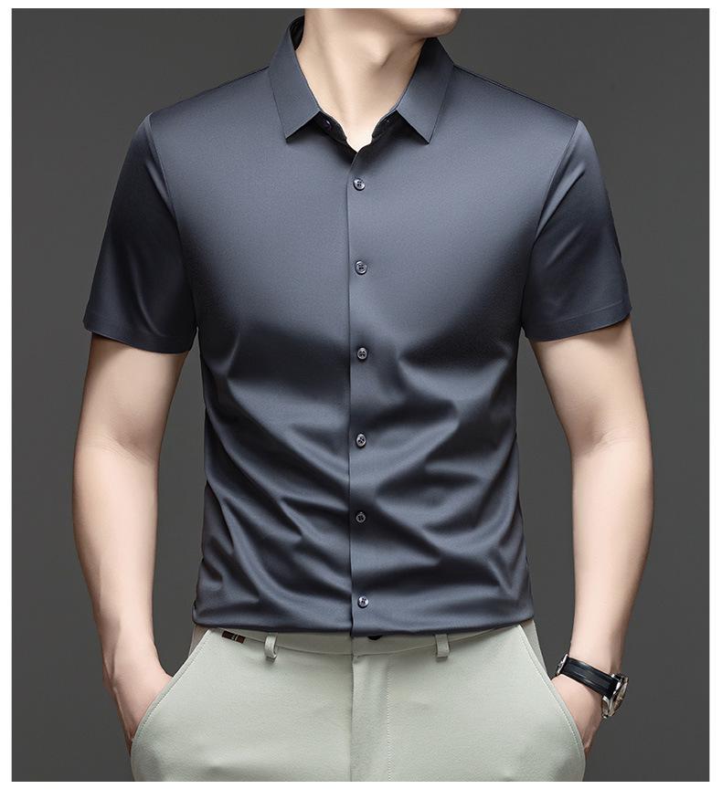 Pánská letní bezešvá košile s krátkým rukávem z ledového hedvábí - Prodyšná, jednobarevná, Business Casual, s krátkým rukávem.