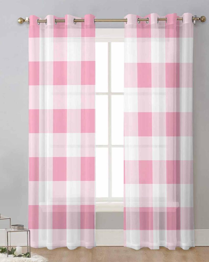 Rosa karierte transparente Vorhänge zur Wohnzimmerdekoration Fenstergardinen für die Küche Tüll Voile Organza Vorhänge