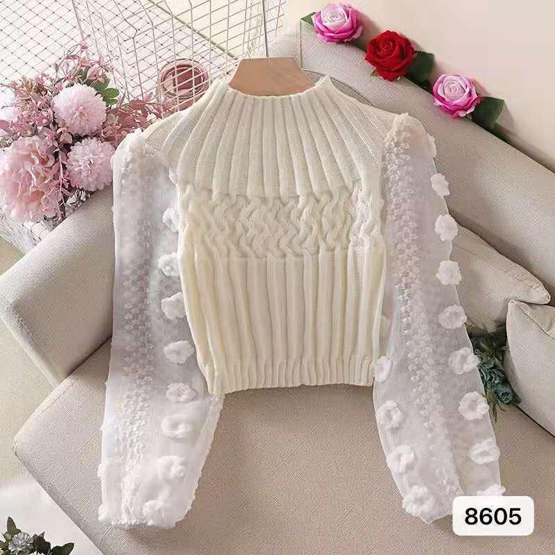 Petite Knit Sweater with Puff Sleeves & Mesh Splicing