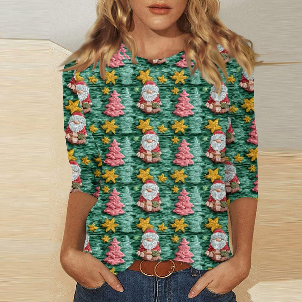 Women's Fashionable Casual Three Quarter Sleeve Christmas Printed Round Neck Top