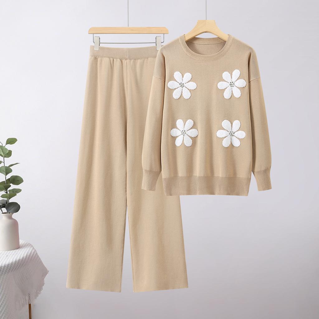 Fashion Casual Knitted Suit Pants Loose Sweater Wide Leg Pants Trousers Two-piece Daily Wear