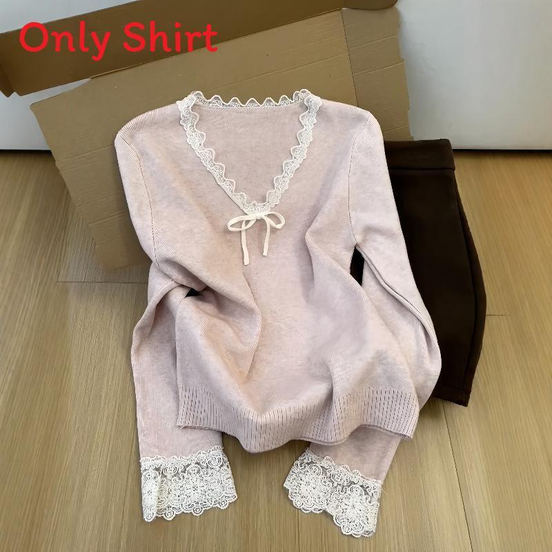 Pink Vneck Lace Patch Wool Knit Sweater For Women Fall Winter Casual Comfort
