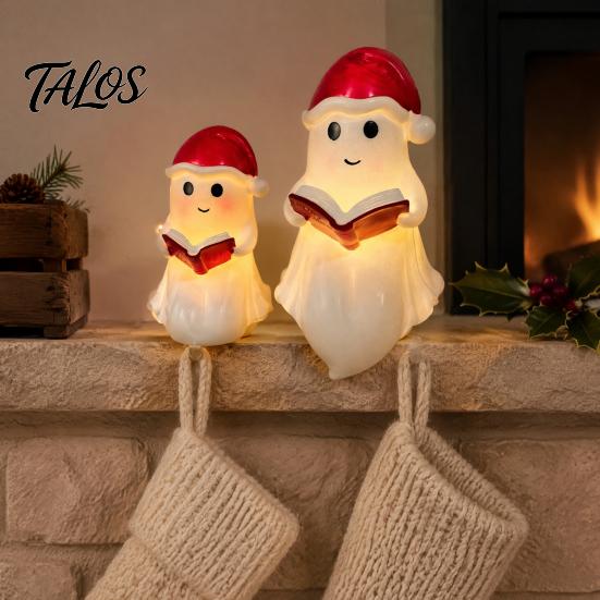 Warm Light Bedroom Decor Cute Ghost Reading Book Lamp, Christmas Resin Figurine with Santa Hat, Holiday Home Ornaments Lighted Halloween Night