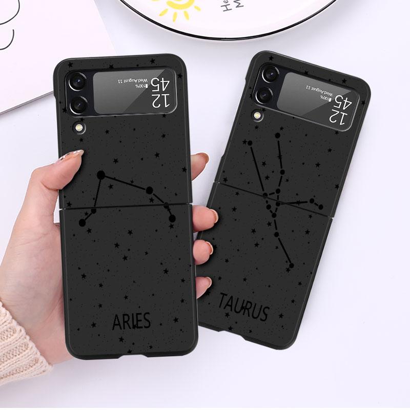 Twelve Constellations Case For Samsung Galaxy Z Flip 3 4 5G Black Hard PC Phone Housing Z Flip4 Luxury Coque Shell