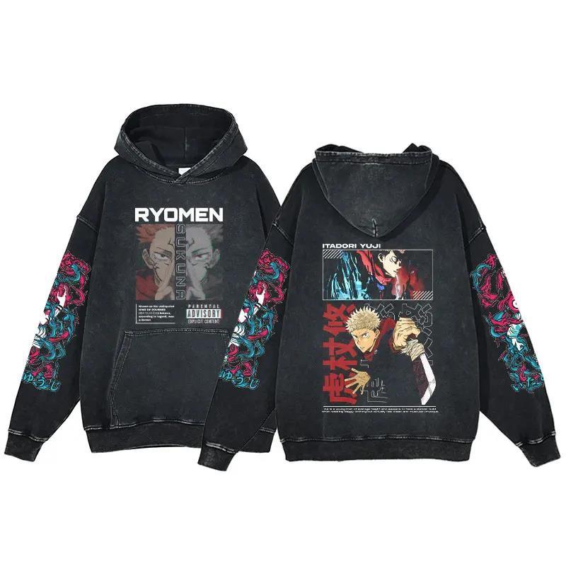 Anime Jujutsu Kaisen Ryomen Sukuna Print Washed Hooded Men Manga Vintage Hoodies Casual Cotton Streetwear Harajuku Sweatshirt