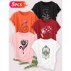Five-piece set Elegant short-sleeved shirt for women Natural Totem Series Printed Round Neck Women's Short Sleeve Shirt Suitable for Spring and