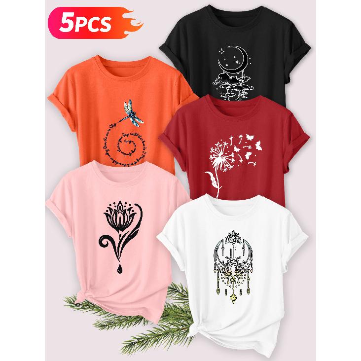Five-piece set Elegant short-sleeved shirt for women Natural Totem Series Printed Round Neck Women's Short Sleeve Shirt Suitable for Spring and