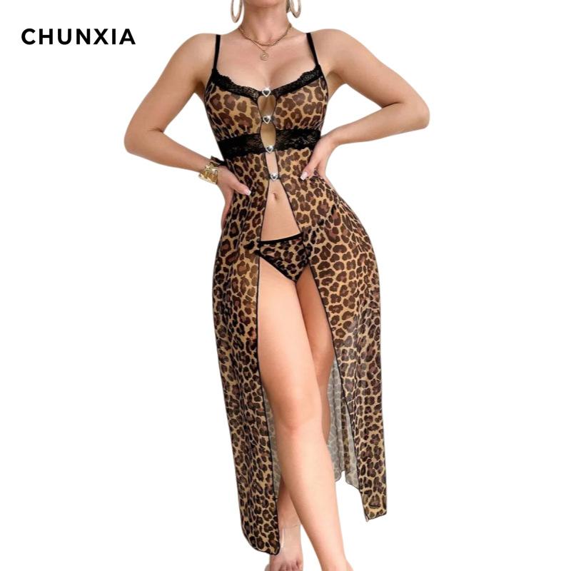 Sexy Leopard Print Perspective Suspender Skirt Lace Lace Split Ends Sexy Nightdress Women