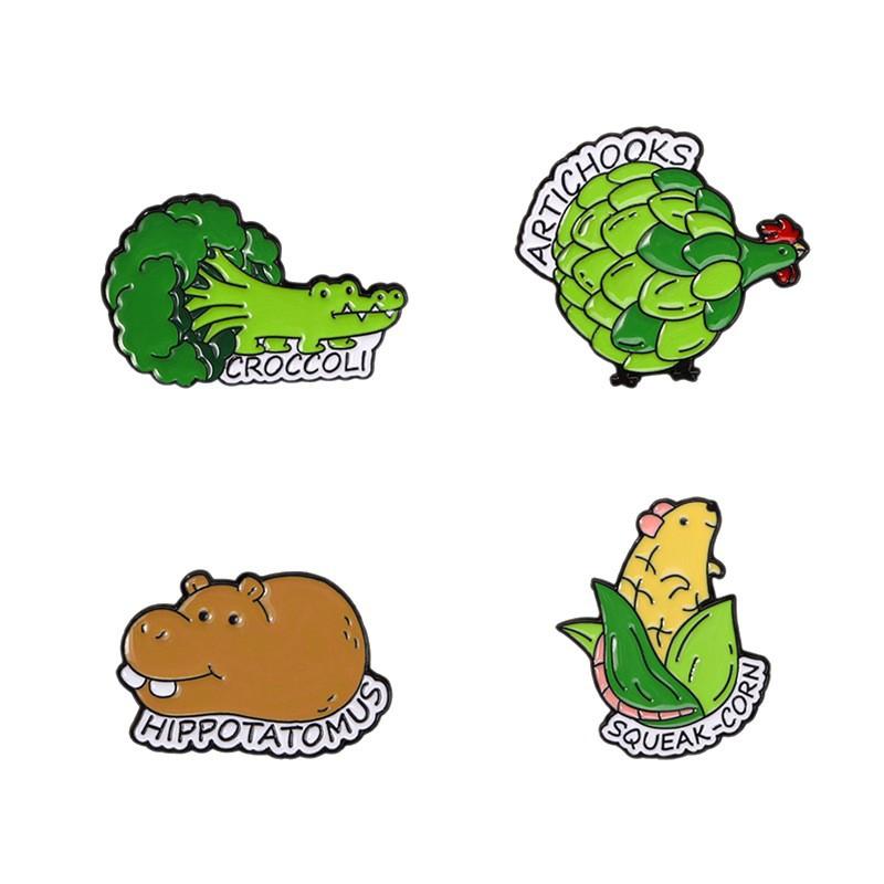 Original Cartoon Enamel Alloy Brooch Mixed Vegetable Animal Corn Mouse Broccoli Crocodile Potato Hippo Chicken Badge for Clothes Backpack