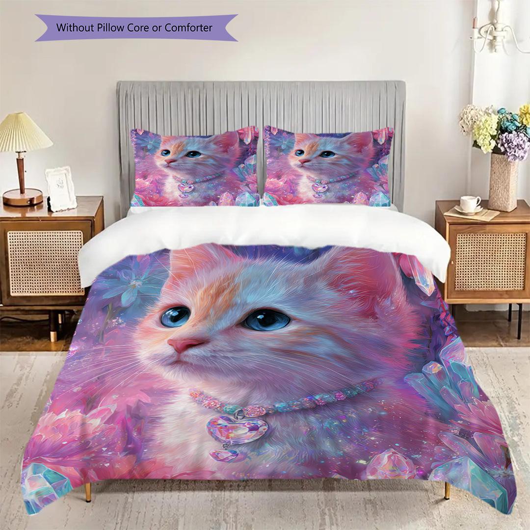 

White Cat Pattern Bedding Quilt Set Quilt Cover Pillowcase Home Decoration Birthday Gift (1 * duvet cover + 2 * pillowcase, without core) 135x200cm