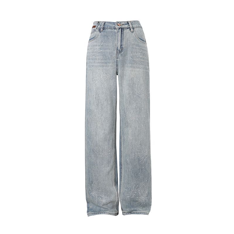 Early Spring Rhinestone Relaxed High Waist Straight Wide Leg Long Denim Pants For Women Casual Pants Oversize Denim Trousers