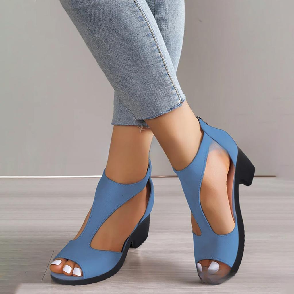Mode Zurück Zipper Tasche Ferse Fisch Mund Schuhe frauen Sommer Außenhandel Große Größe Seite Luft Dünne Ferse Römischen sandalen