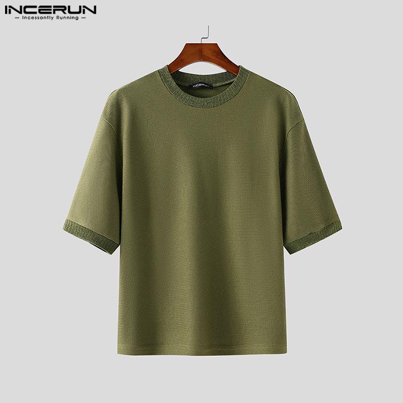 INCERUN Summer Men O-Neck Short Sleeve Stitching Texture Hollow Casual Loose Tops T-shirts