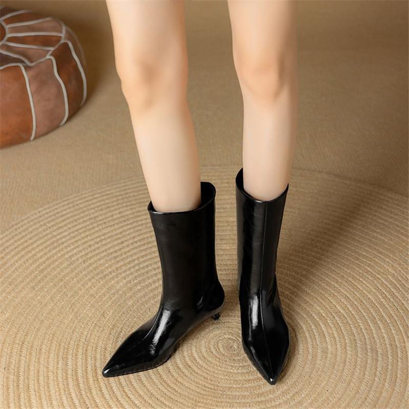 Fashion New Autumn Winter Split Leather Women Boot Mid-calf Boots for Women Pointed Toe Fashion Boot Handmade Black Boots Stiletto Heels