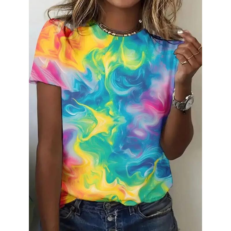 Fashion Women s Color Short Sleeve Crew Neck Short Sleeve 3D Color Printing Crew Neck T-Shirt XS