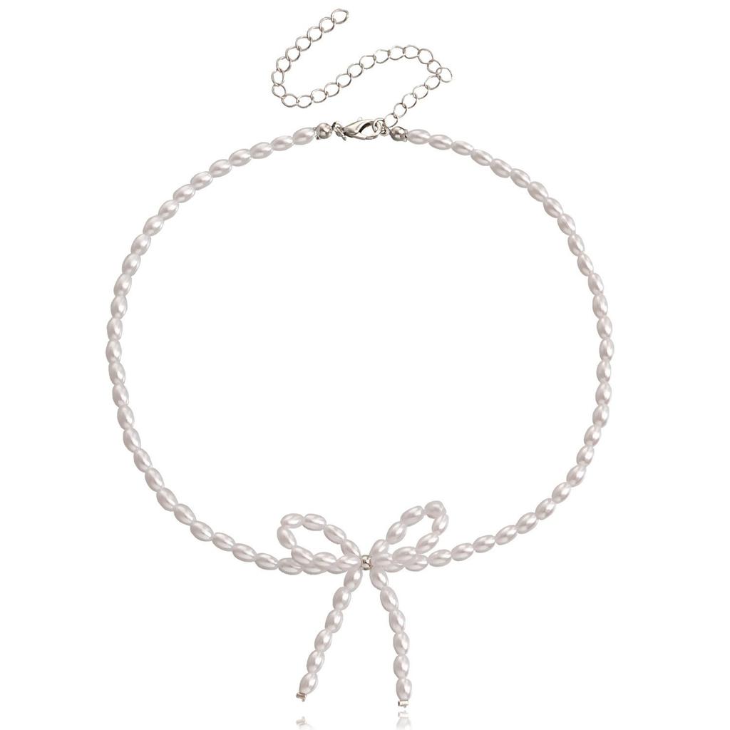 Trendy Full Pearl Fringed Temperament Necklace, Diamond-encrusted Bow Super Fairy Collarbone Chain