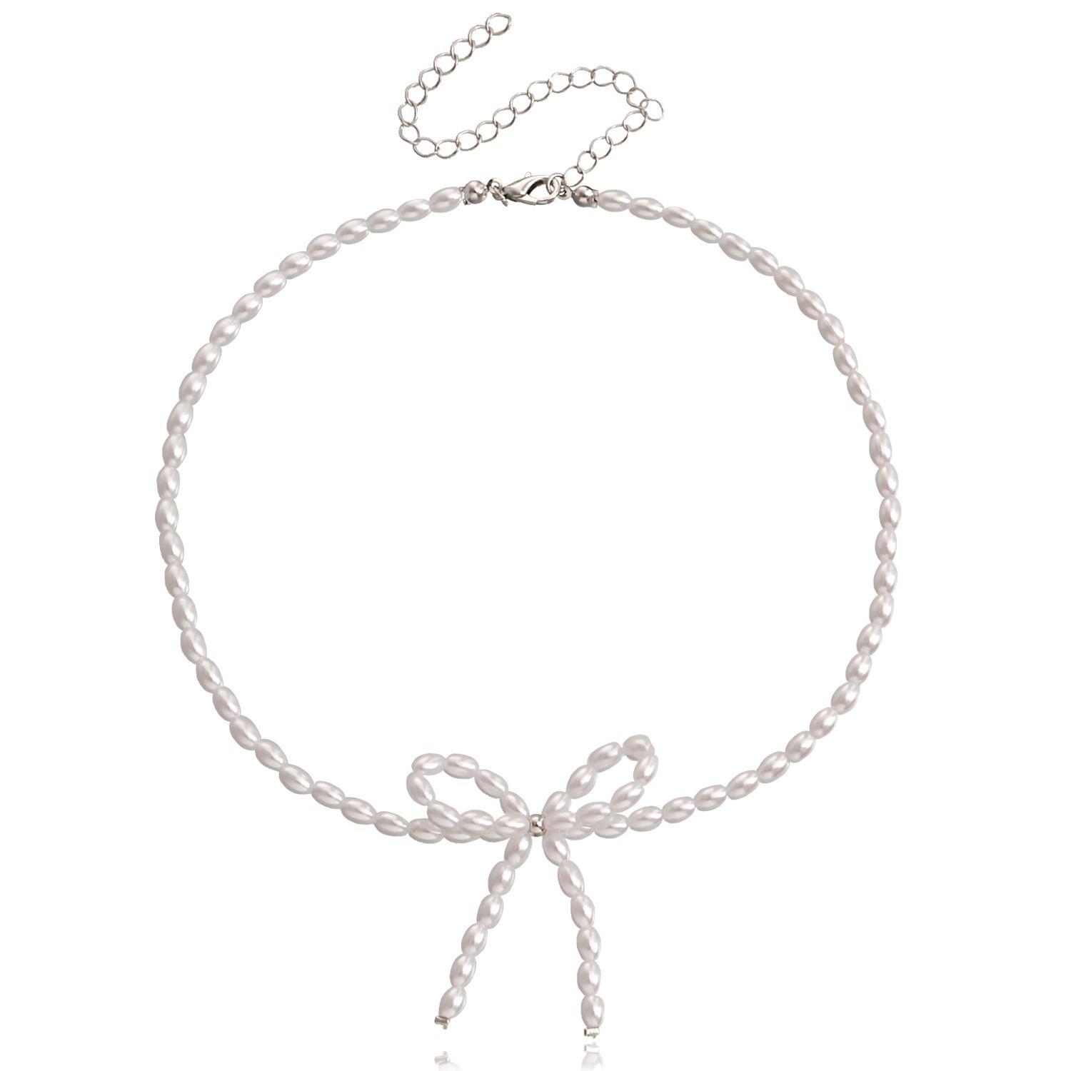Trendy full pearl fringed temperament necklace, diamond-encrusted bow super fairy collarbone chain