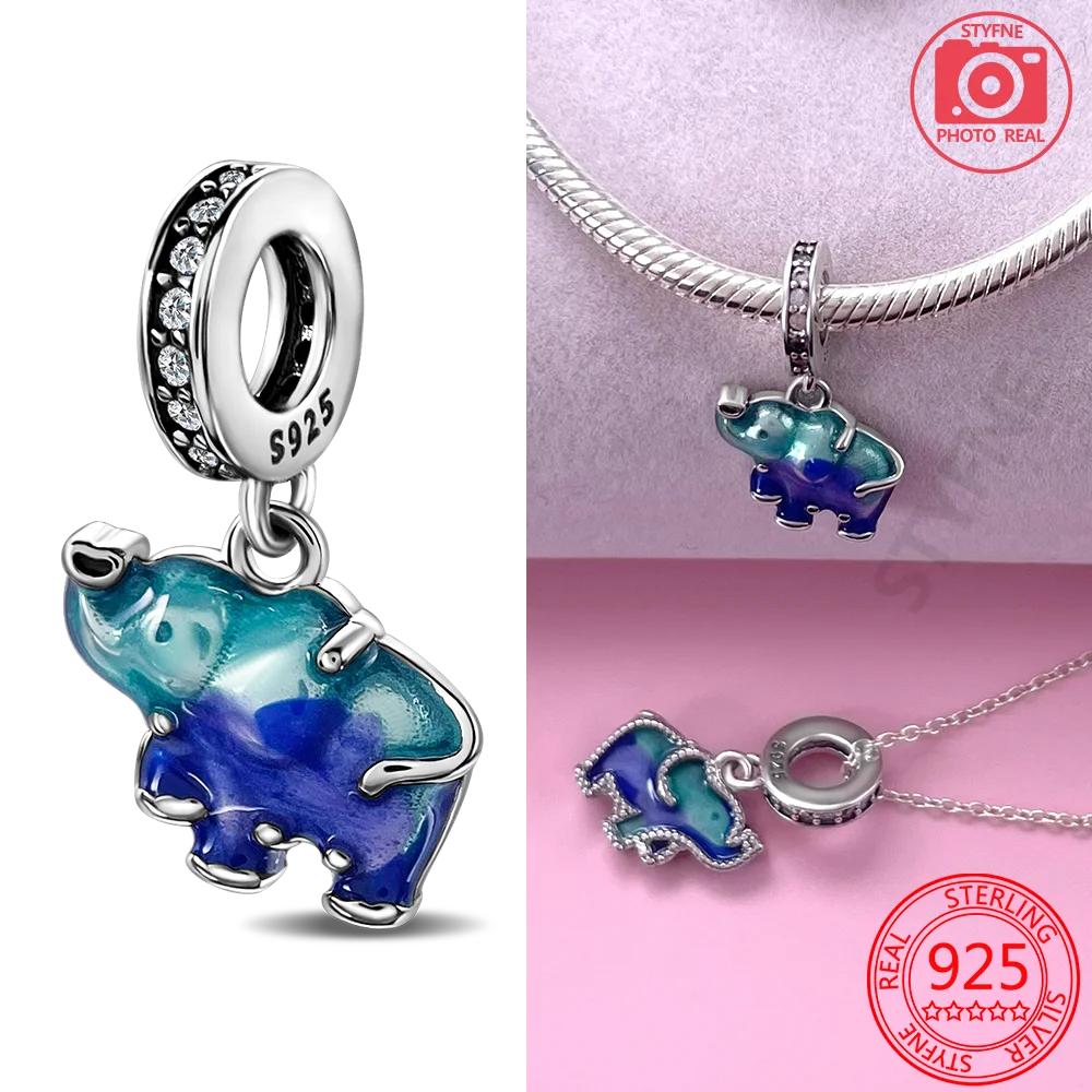 Copper Metal Lucky Symbol Gradient Blue Glass Big Lucky Elephant Necklace Charm Bead Components Compatible With Bracelet High Quality Fine Jewelry